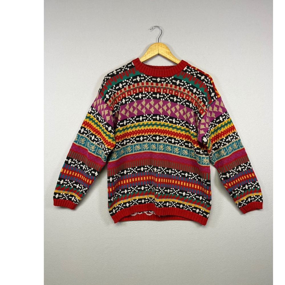 Grandmacore One Step Up Womens L Multicolor Fair Isle Geometric Knit Sweater 90s